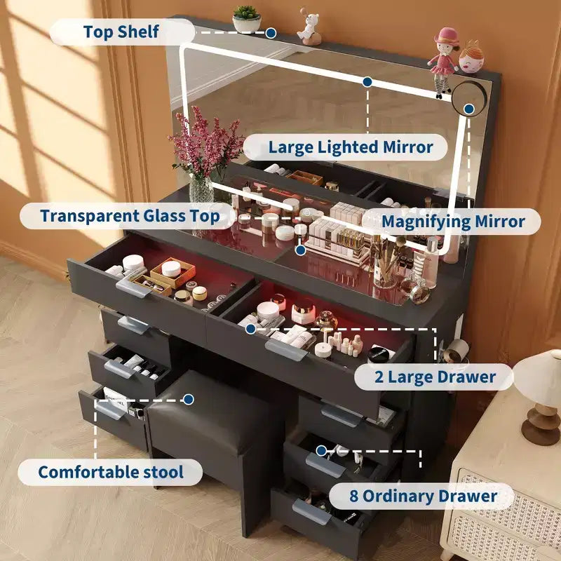 46 LED Vanity Desk with Mirror - Modern Makeup Dressing Table Set with Adjustable Lighting, Hairdryer Holder, 10 Drawers, Stool for Bedroom
