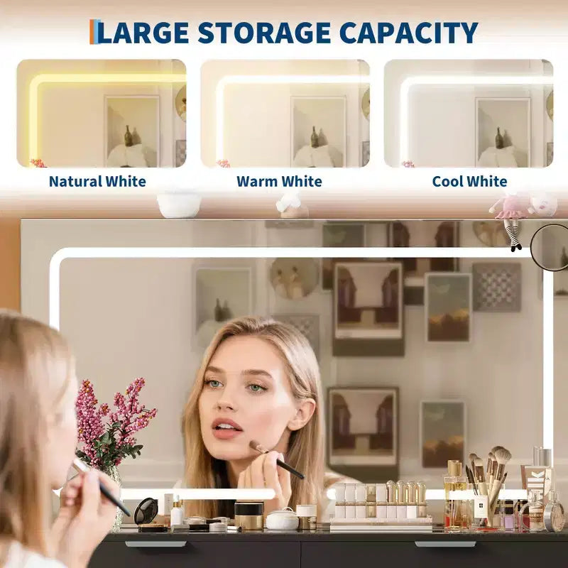 46 LED Vanity Desk with Mirror - Modern Makeup Dressing Table Set with Adjustable Lighting, Hairdryer Holder, 10 Drawers, Stool for Bedroom