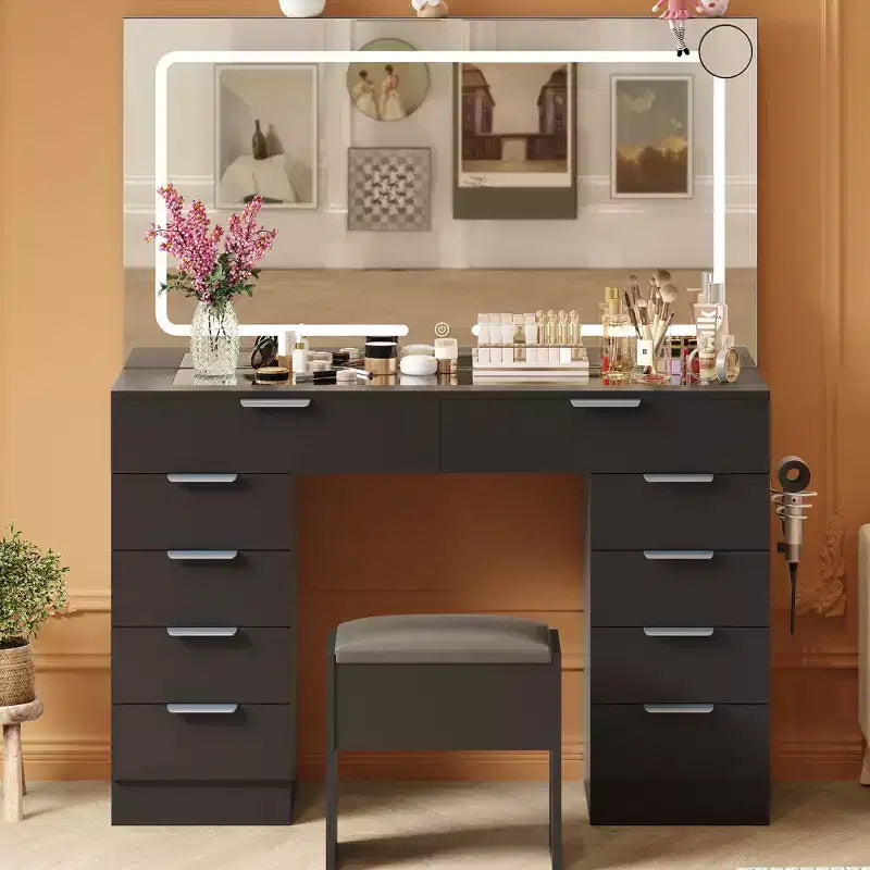 46 LED Vanity Desk with Mirror - Modern Makeup Dressing Table Set with Adjustable Lighting, Hairdryer Holder, 10 Drawers, Stool for Bedroom