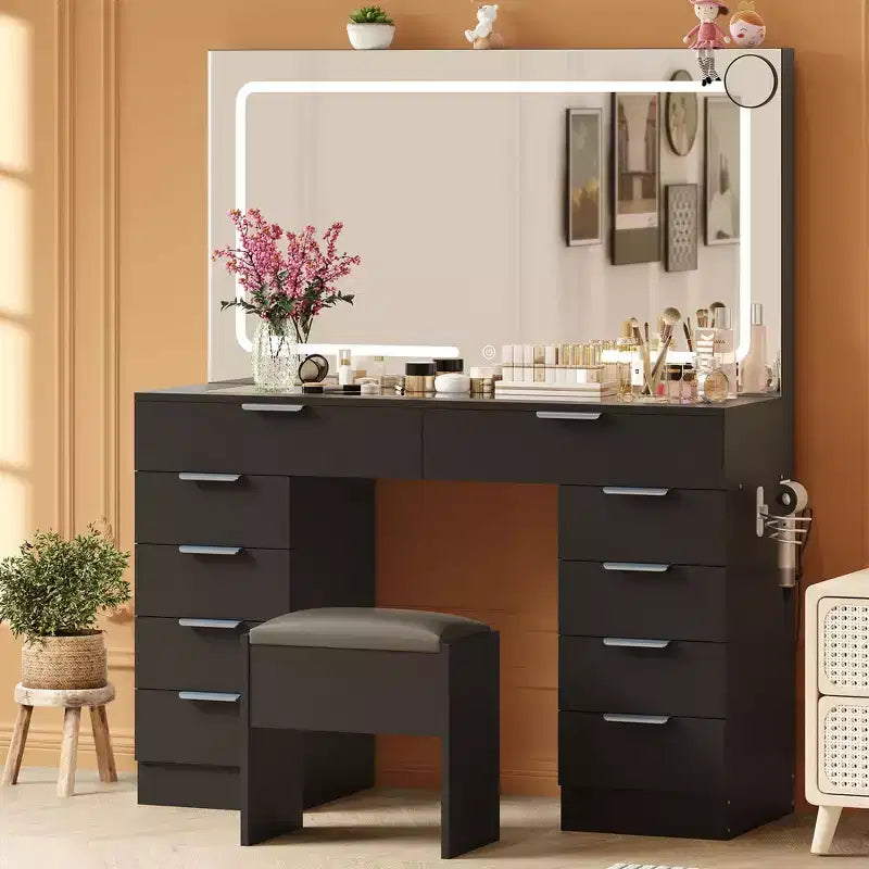46 LED Vanity Desk with Mirror - Modern Makeup Dressing Table Set with Adjustable Lighting, Hairdryer Holder, 10 Drawers, Stool for Bedroom