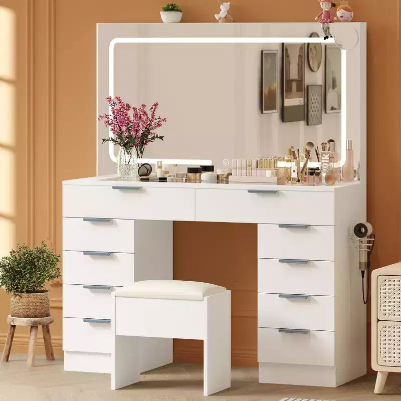 46 LED Vanity Desk with Mirror - Modern Makeup Dressing Table Set with Adjustable Lighting, Hairdryer Holder, 10 Drawers, Stool for Bedroom