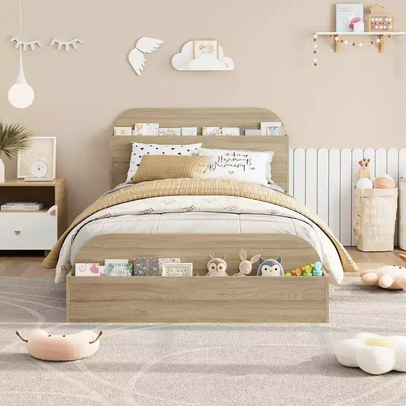 Sturdy Storage Headboard Bed Frame - Wooden Platform,Raised Footboard, Floor-Low, Slat Support, No Box Spring Needed, Golden Sandalwood, Kids Bedroom