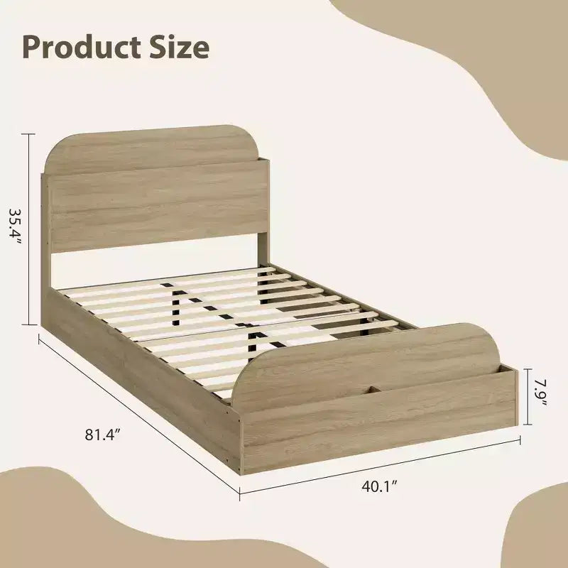 Sturdy Storage Headboard Bed Frame - Wooden Platform,Raised Footboard, Floor-Low, Slat Support, No Box Spring Needed, Golden Sandalwood, Kids Bedroom