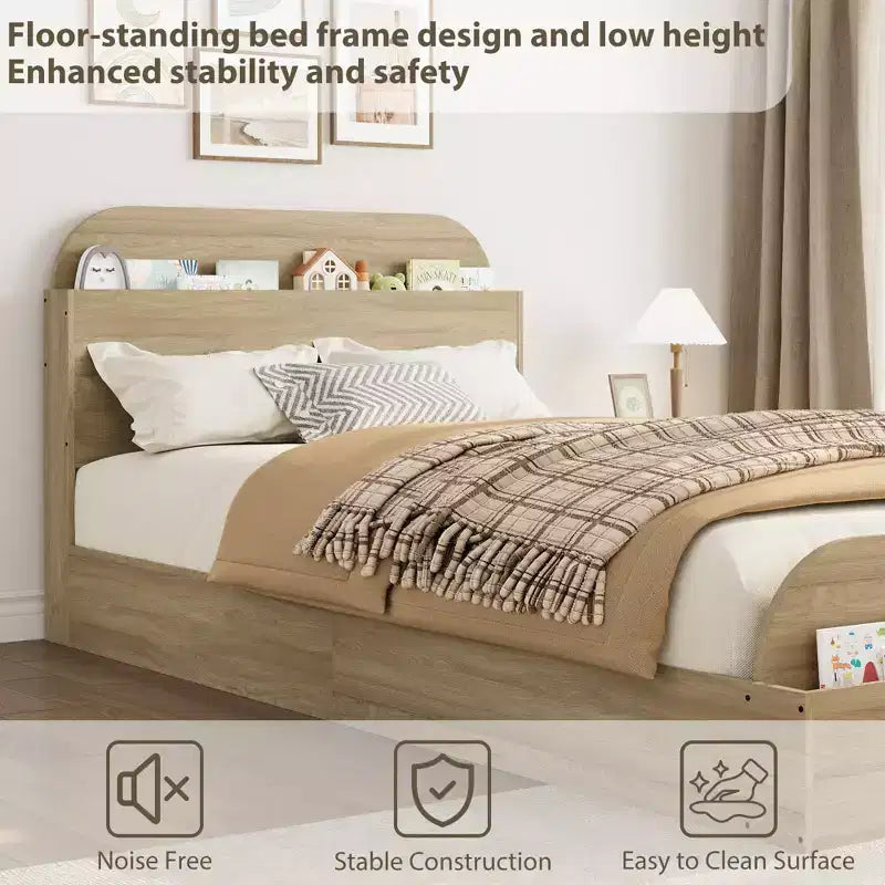 Sturdy Storage Headboard Bed Frame - Wooden Platform,Raised Footboard, Floor-Low, Slat Support, No Box Spring Needed, Golden Sandalwood, Kids Bedroom