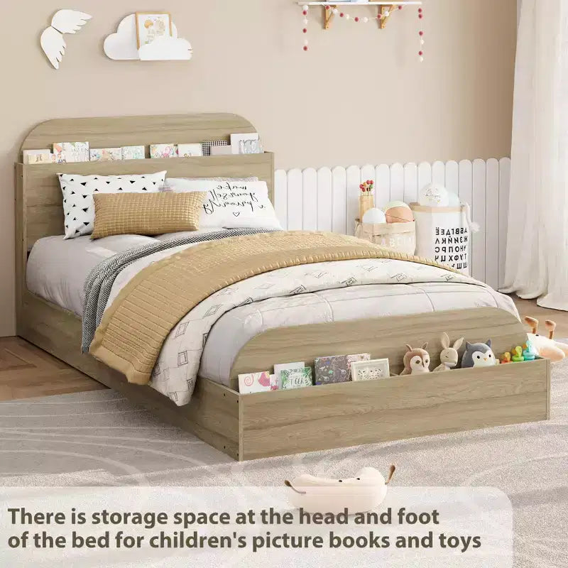 Sturdy Storage Headboard Bed Frame - Wooden Platform,Raised Footboard, Floor-Low, Slat Support, No Box Spring Needed, Golden Sandalwood, Kids Bedroom