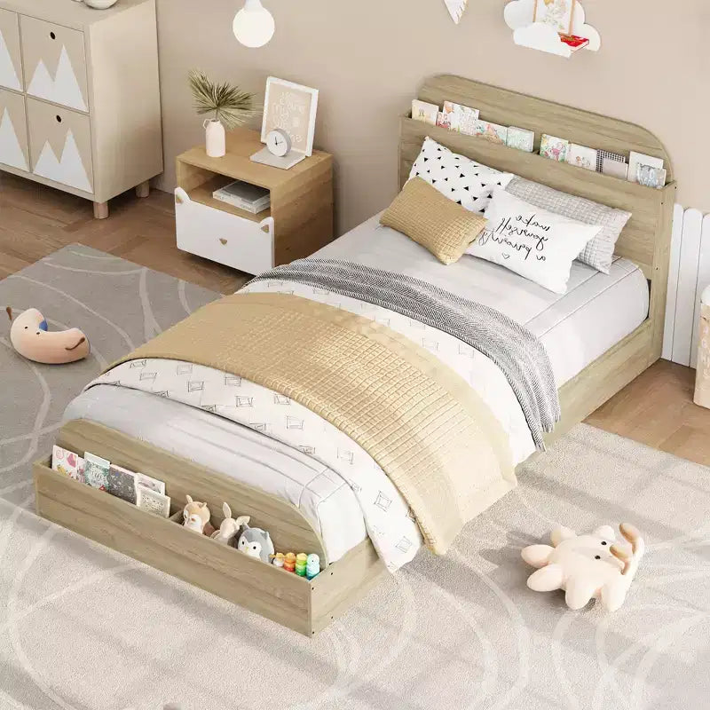 Sturdy Storage Headboard Bed Frame - Wooden Platform,Raised Footboard, Floor-Low, Slat Support, No Box Spring Needed, Golden Sandalwood, Kids Bedroom
