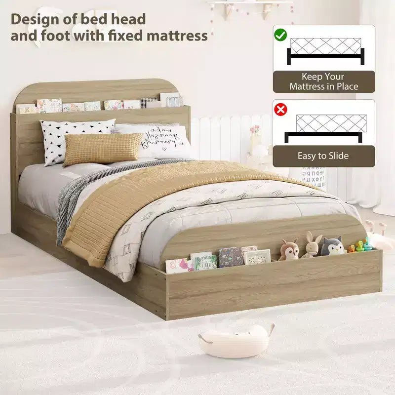 Sturdy Storage Headboard Bed Frame - Wooden Platform,Raised Footboard, Floor-Low, Slat Support, No Box Spring Needed, Golden Sandalwood, Kids Bedroom