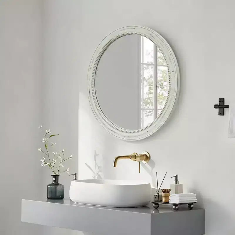 Whisen intage Beaded Wood Round Decorative Wall Mirror, Farmhouse Distressed Decor for Bathroom Entryway