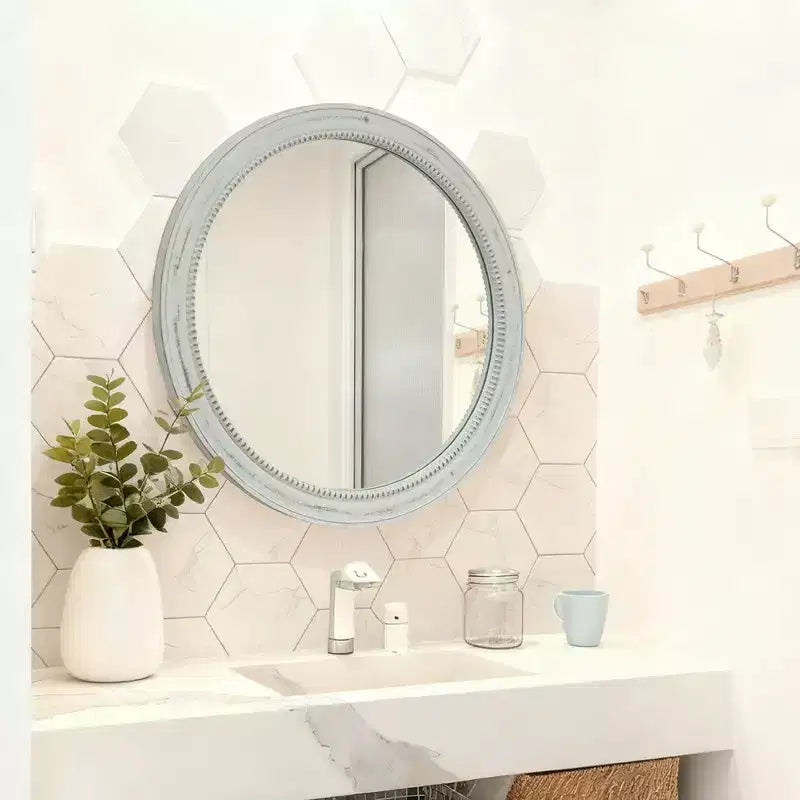 Whisen intage Beaded Wood Round Decorative Wall Mirror, Farmhouse Distressed Decor for Bathroom Entryway
