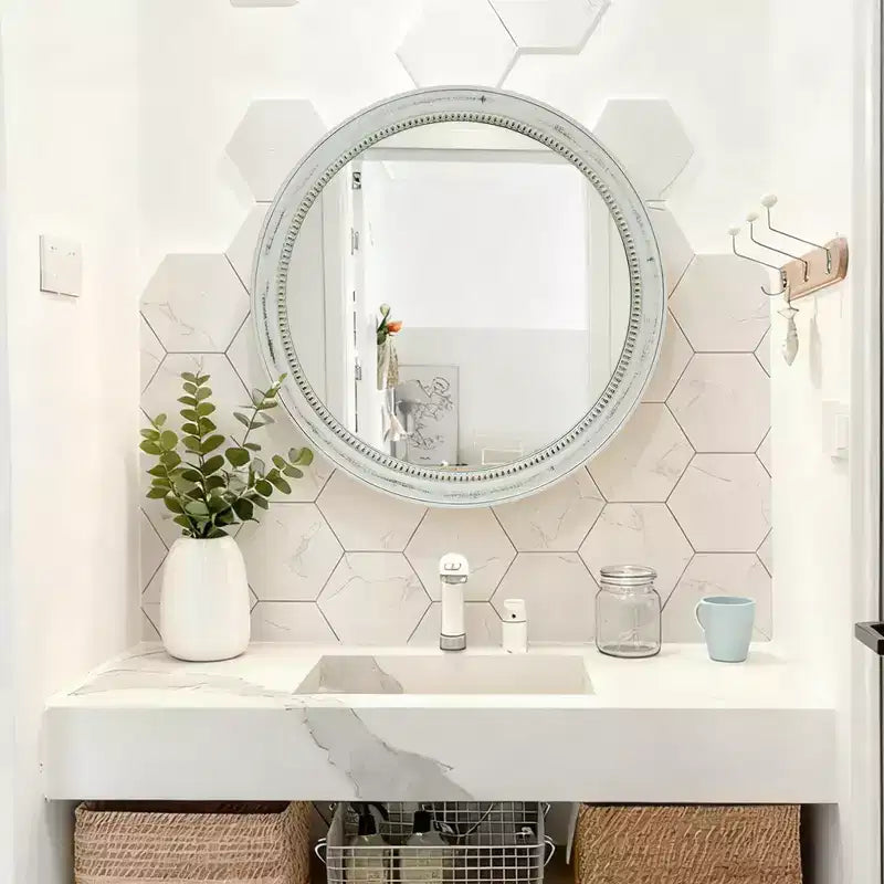 Whisen intage Beaded Wood Round Decorative Wall Mirror, Farmhouse Distressed Decor for Bathroom Entryway