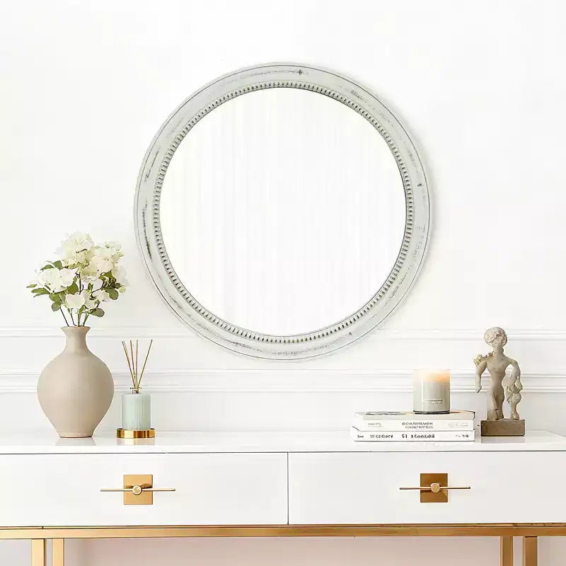 Whisen intage Beaded Wood Round Decorative Wall Mirror, Farmhouse Distressed Decor for Bathroom Entryway