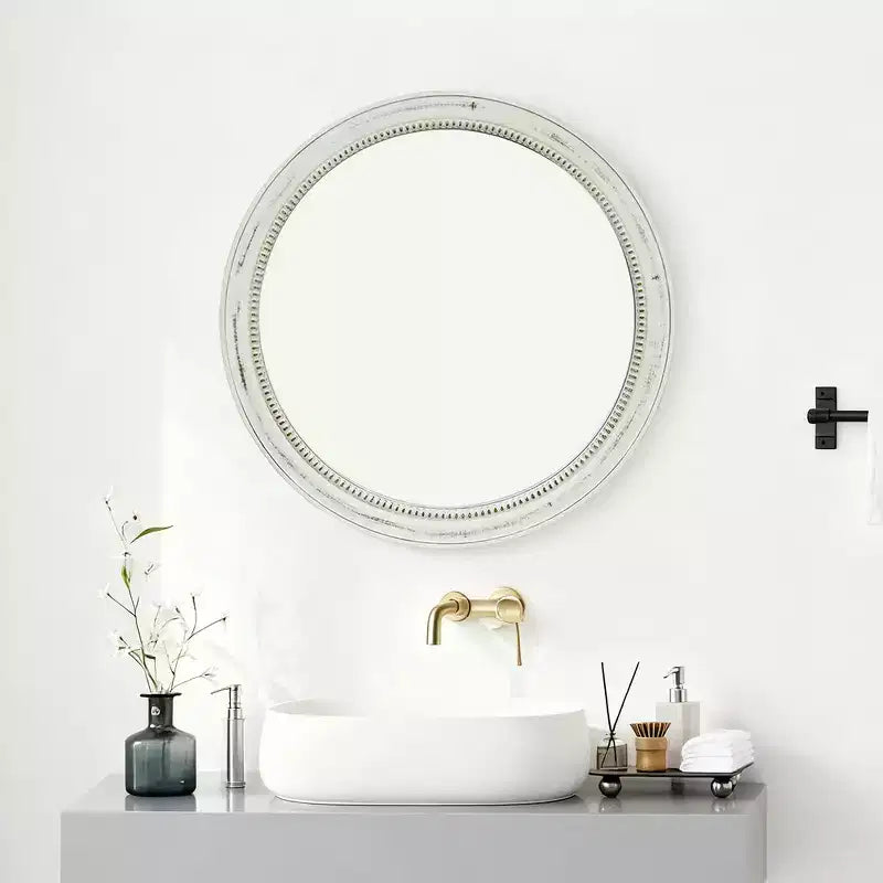 Whisen intage Beaded Wood Round Decorative Wall Mirror, Farmhouse Distressed Decor for Bathroom Entryway