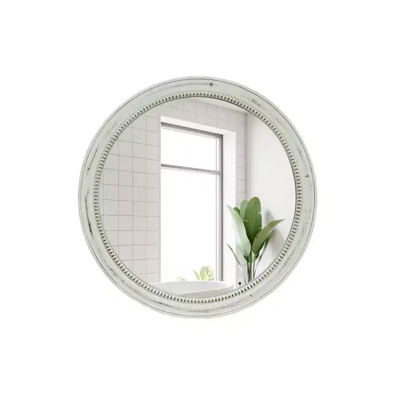 Whisen intage Beaded Wood Round Decorative Wall Mirror, Farmhouse Distressed Decor for Bathroom Entryway