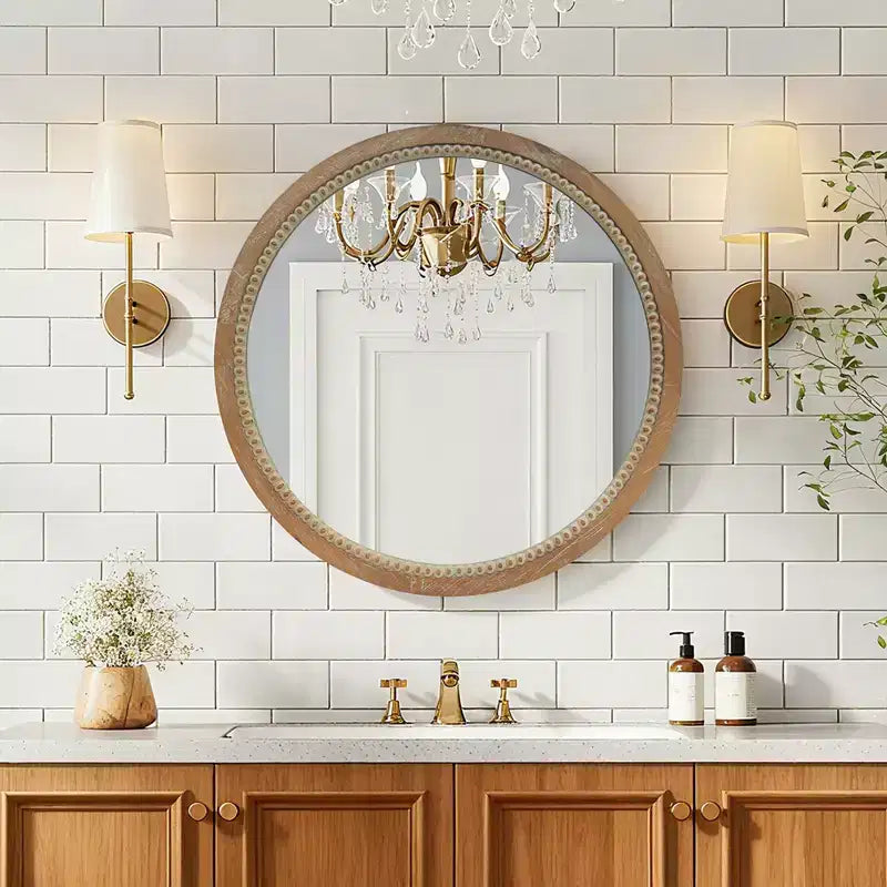 Whisen intage Beaded Wood Round Decorative Wall Mirror, Farmhouse Distressed Decor for Bathroom Entryway