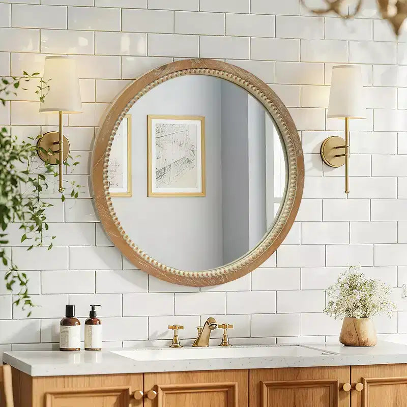 Whisen intage Beaded Wood Round Decorative Wall Mirror, Farmhouse Distressed Decor for Bathroom Entryway