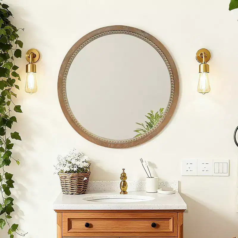 Whisen intage Beaded Wood Round Decorative Wall Mirror, Farmhouse Distressed Decor for Bathroom Entryway