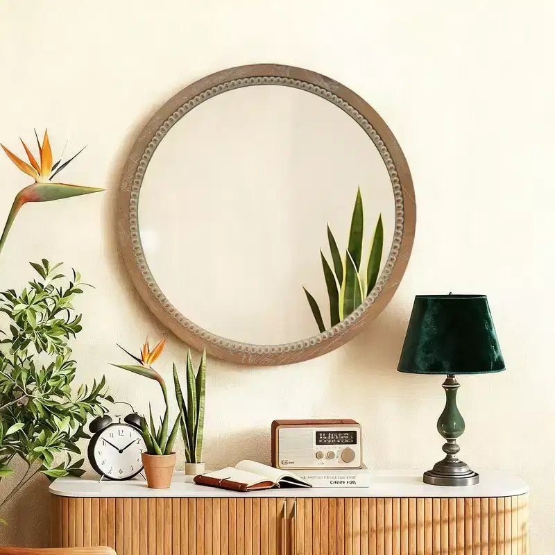 Whisen intage Beaded Wood Round Decorative Wall Mirror, Farmhouse Distressed Decor for Bathroom Entryway