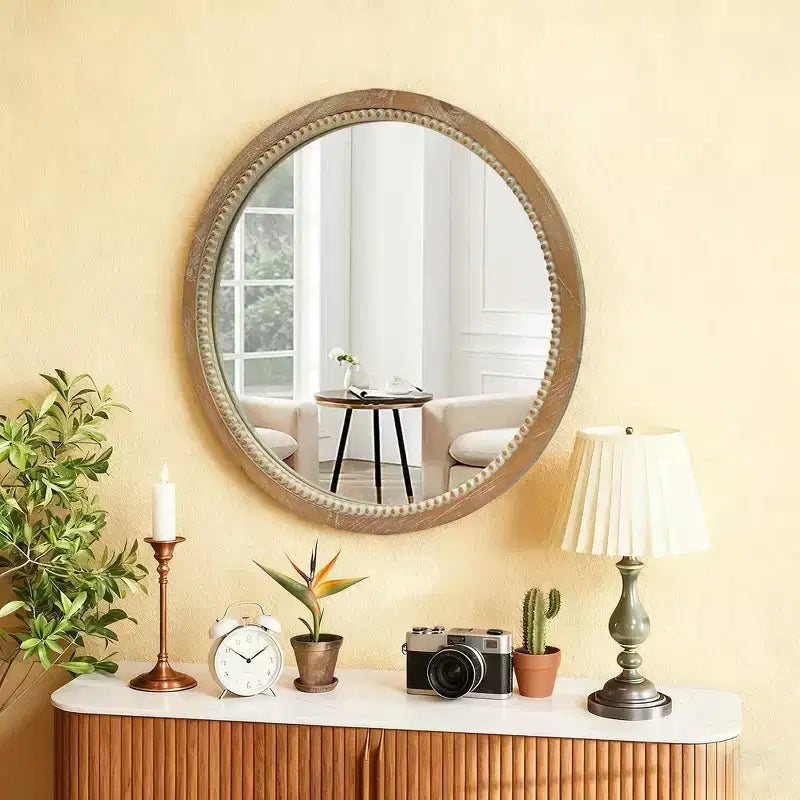 Whisen intage Beaded Wood Round Decorative Wall Mirror, Farmhouse Distressed Decor for Bathroom Entryway