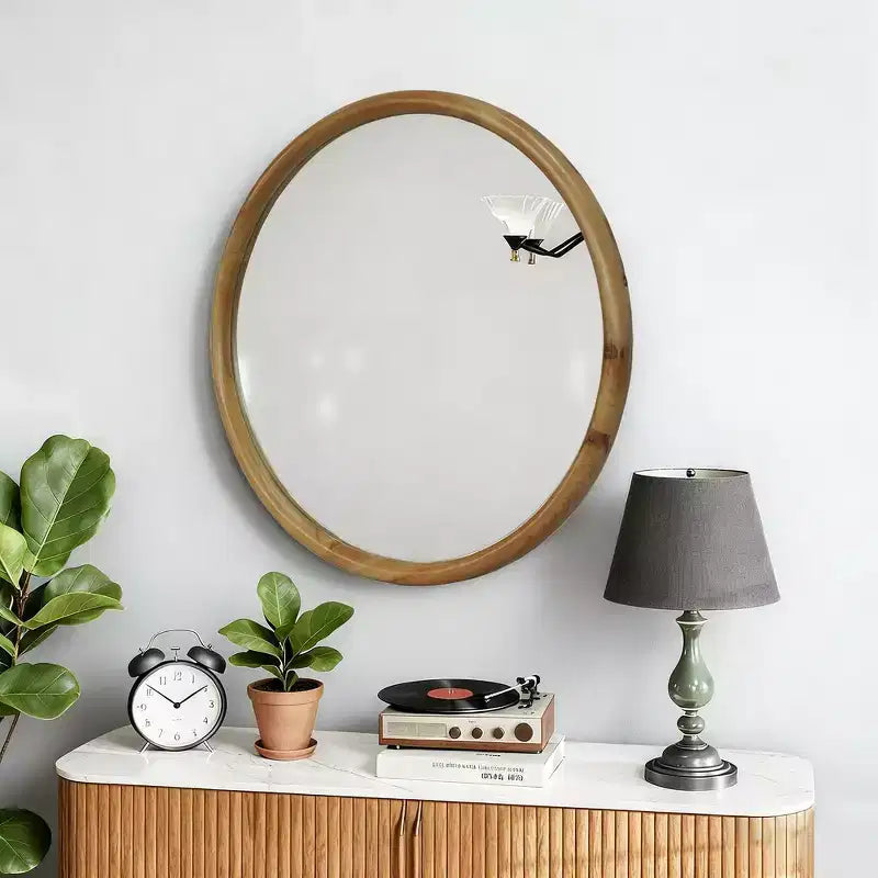 Whisen intage Beaded Wood Round Decorative Wall Mirror, Farmhouse Distressed Decor for Bathroom Entryway