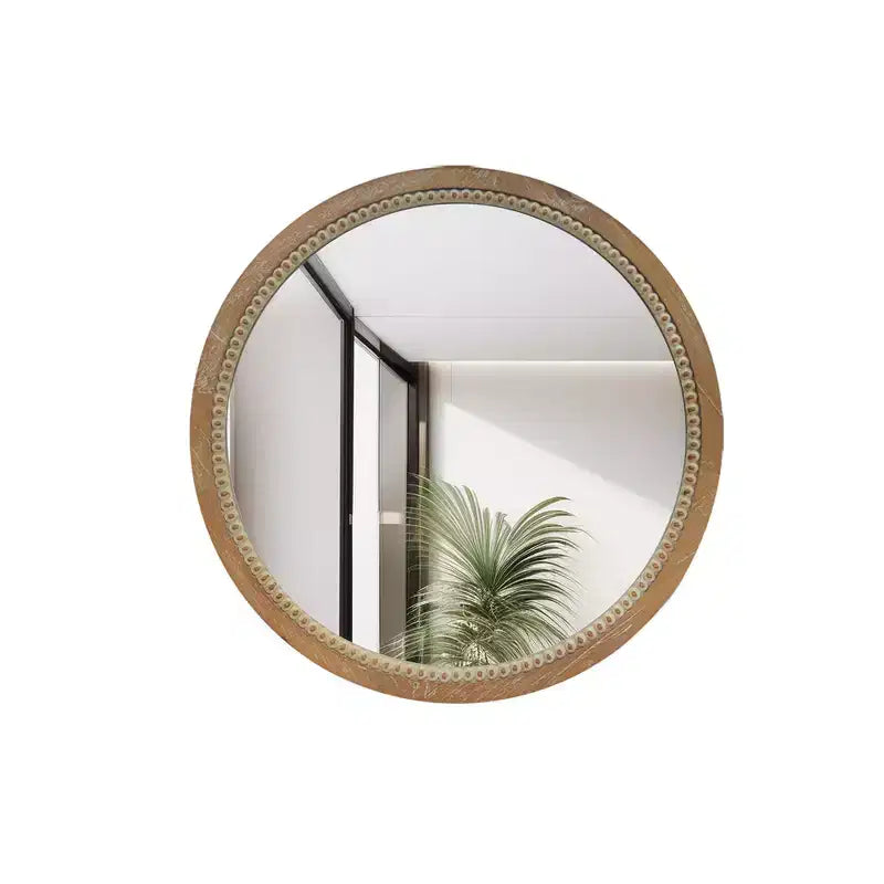 Whisen intage Beaded Wood Round Decorative Wall Mirror, Farmhouse Distressed Decor for Bathroom Entryway