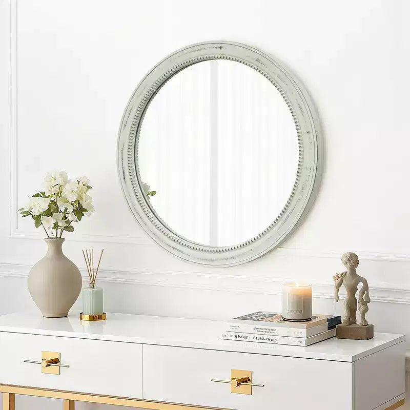 Whisen intage Beaded Wood Round Decorative Wall Mirror, Farmhouse Distressed Decor for Bathroom Entryway