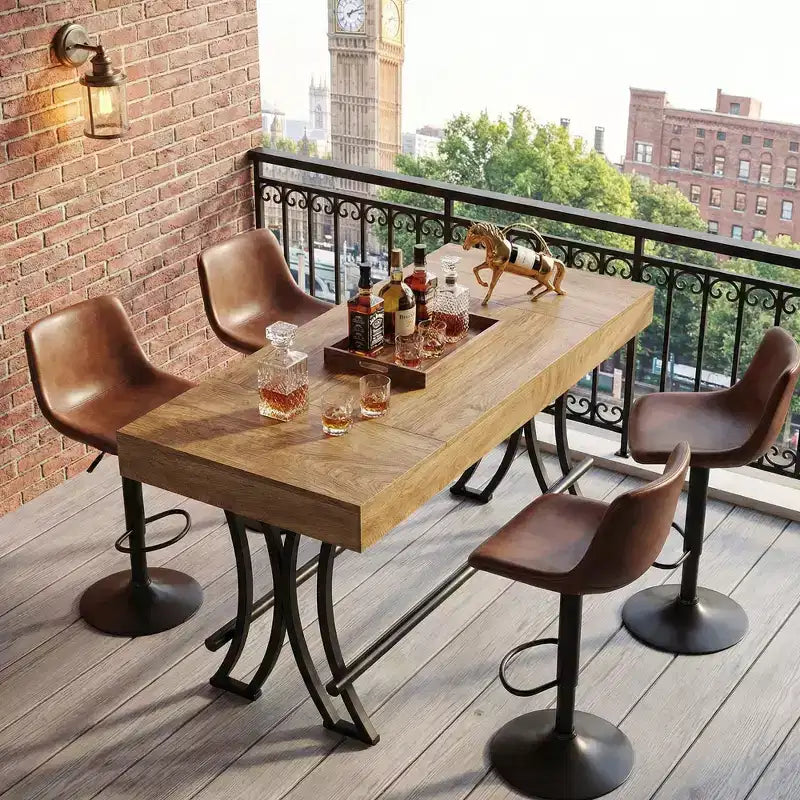 MAYEERTY 63 Industrial Farmhouse Counter Height Table, 6-8 Seater with Metal Footrest, Rustic Wood Grain MDF Top Kitchen Pub Table