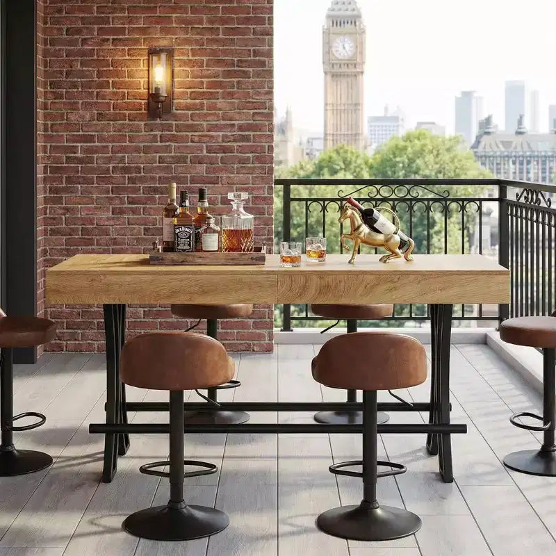 MAYEERTY 63 Industrial Farmhouse Counter Height Table, 6-8 Seater with Metal Footrest, Rustic Wood Grain MDF Top Kitchen Pub Table
