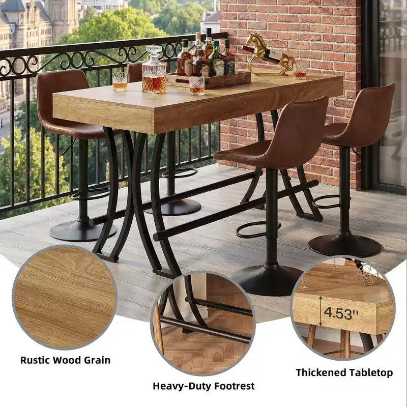 MAYEERTY 63 Industrial Farmhouse Counter Height Table, 6-8 Seater with Metal Footrest, Rustic Wood Grain MDF Top Kitchen Pub Table