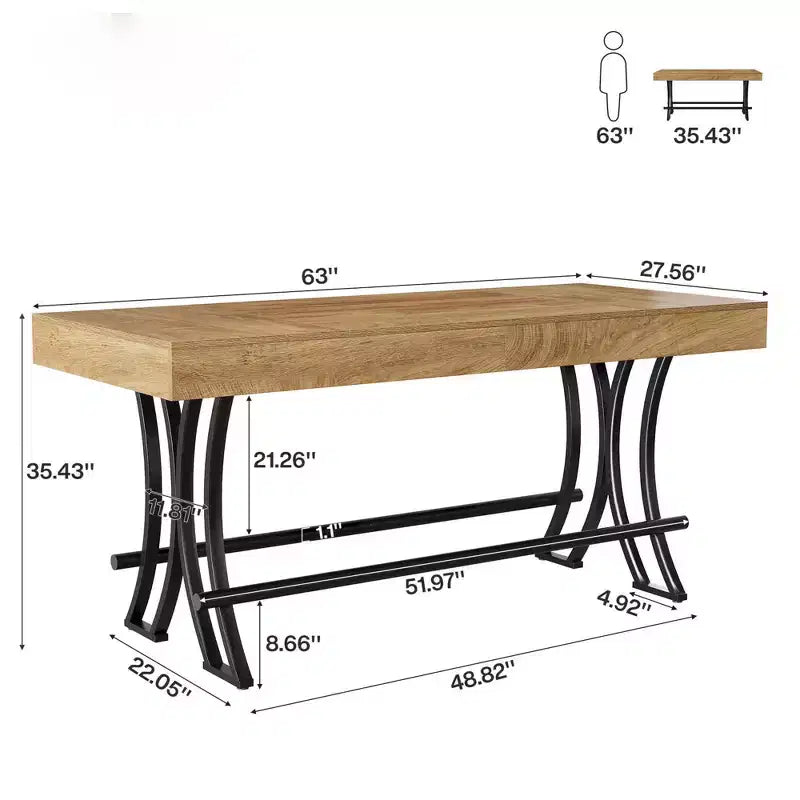 MAYEERTY 63 Industrial Farmhouse Counter Height Table, 6-8 Seater with Metal Footrest, Rustic Wood Grain MDF Top Kitchen Pub Table