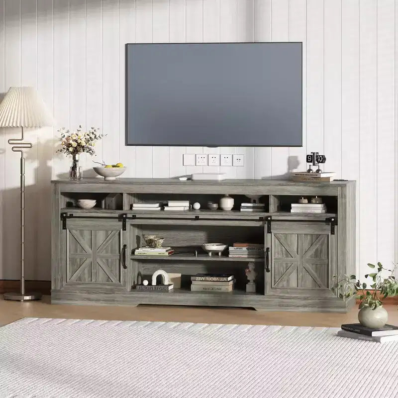 66 Farmhouse TV Stand for 75 TVs, Entertainment Console with Barn Doors, Adjustable Shelf and Semi-Open Storage for Living Room