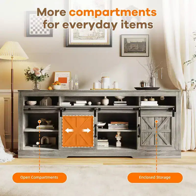 66 Farmhouse TV Stand for 75 TVs, Entertainment Console with Barn Doors, Adjustable Shelf and Semi-Open Storage for Living Room