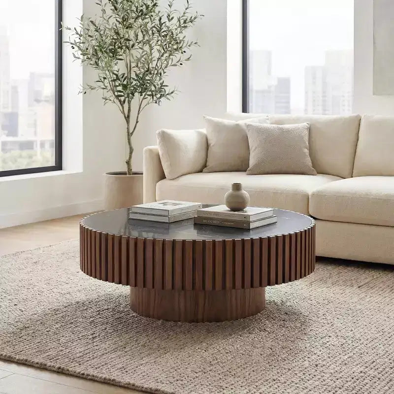 JVNOXK 35.43 Modern Round Coffee Table with Sintered Stone Top & Walnut Finish for Living Room & Apartment