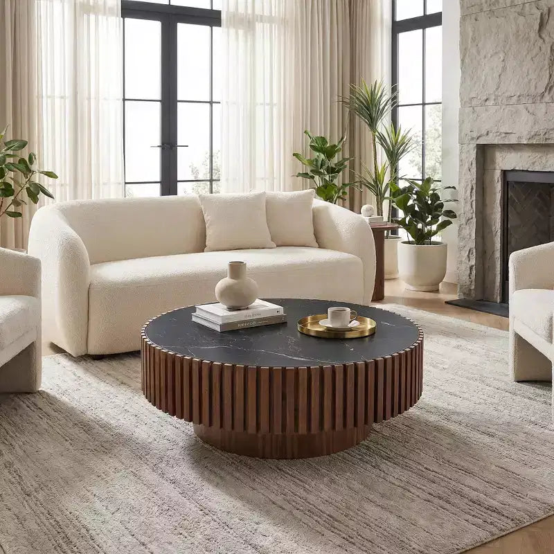 JVNOXK 35.43 Modern Round Coffee Table with Sintered Stone Top & Walnut Finish for Living Room & Apartment