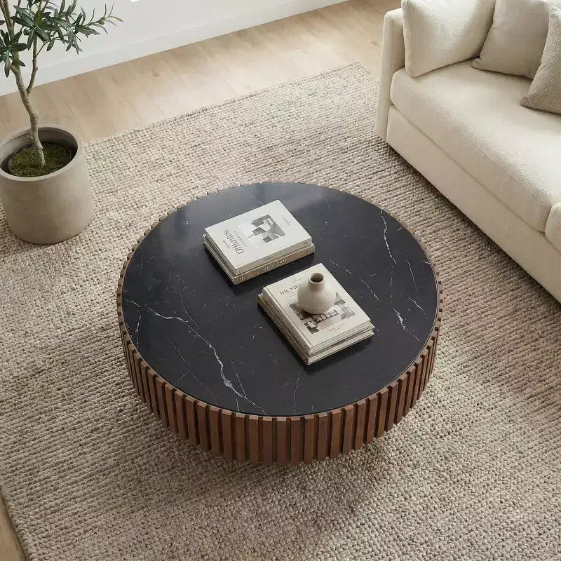 JVNOXK 35.43 Modern Round Coffee Table with Sintered Stone Top & Walnut Finish for Living Room & Apartment