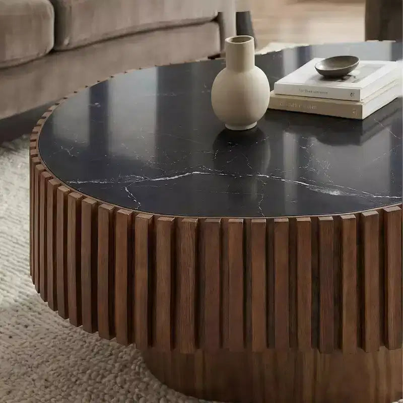JVNOXK 35.43 Modern Round Coffee Table with Sintered Stone Top & Walnut Finish for Living Room & Apartment