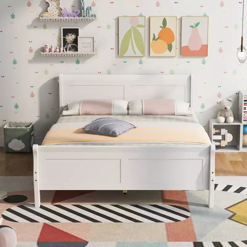 FAMYYT Full Size Wood Platform Bed With Headboard, Easy Assembly, White
