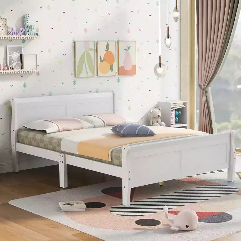 FAMYYT Full Size Wood Platform Bed With Headboard, Easy Assembly, White
