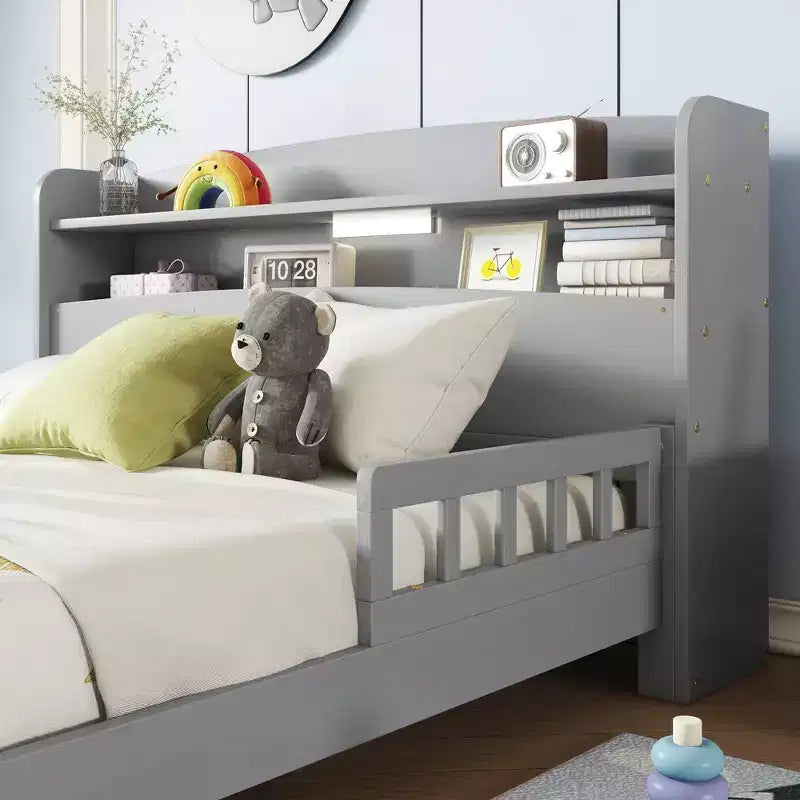 Sailvan Full Pine Wood Bed with Bookcase Headboard, LED Motion Sensor Light & Bed Guardrails