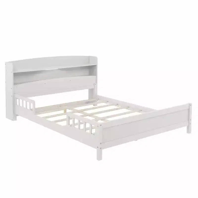 Sailvan Full Pine Wood Bed with Bookcase Headboard, LED Motion Sensor Light & Bed Guardrails
