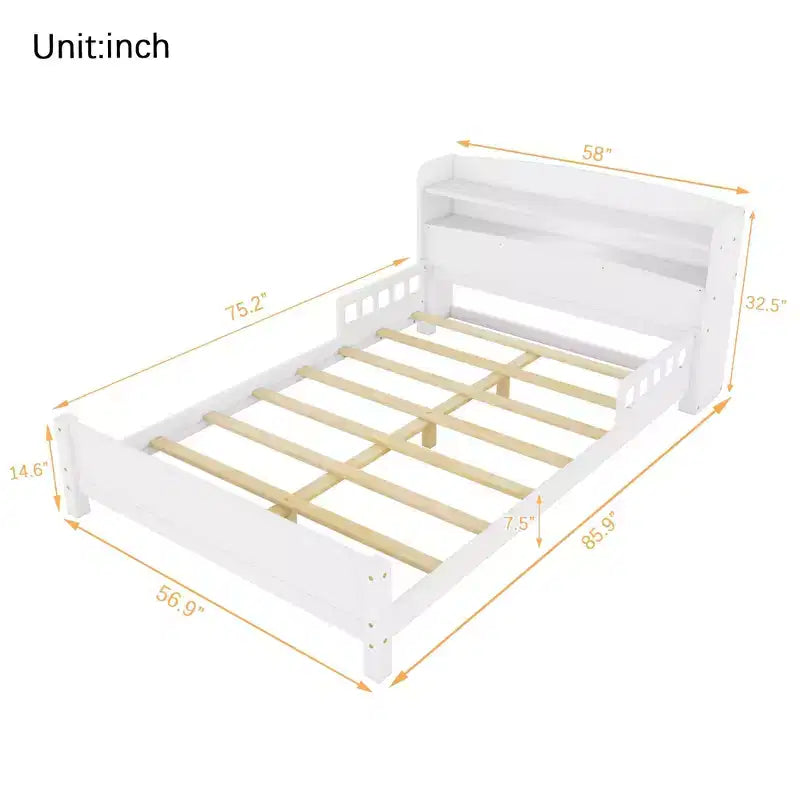 Sailvan Full Pine Wood Bed with Bookcase Headboard, LED Motion Sensor Light & Bed Guardrails