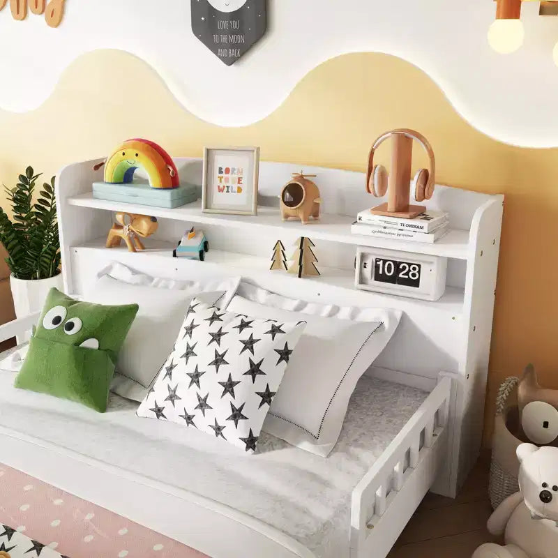 Sailvan Full Pine Wood Bed with Bookcase Headboard, LED Motion Sensor Light & Bed Guardrails