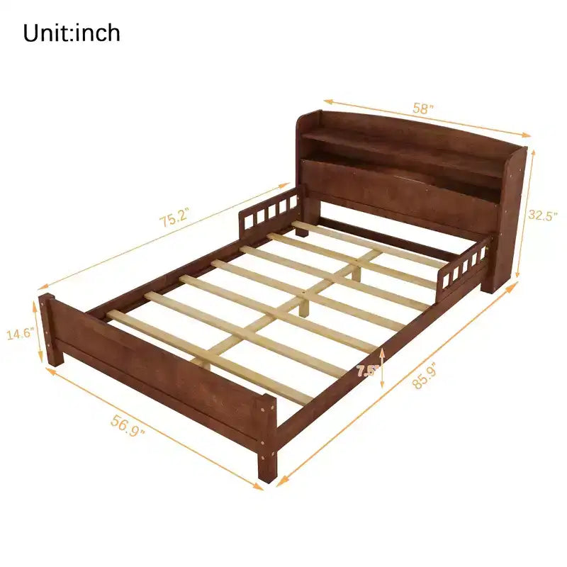 Sailvan Full Pine Wood Bed with Bookcase Headboard, LED Motion Sensor Light & Bed Guardrails