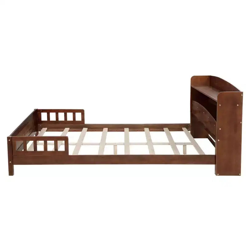 Sailvan Full Pine Wood Bed with Bookcase Headboard, LED Motion Sensor Light & Bed Guardrails