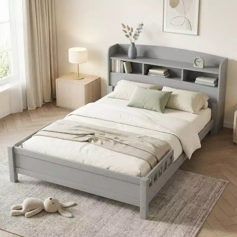 Sailvan Full Pine Wood Bed with Bookcase Headboard, LED Motion Sensor Light & Bed Guardrails