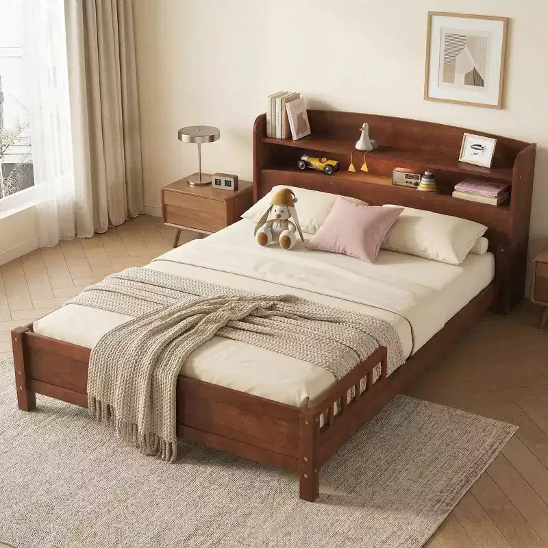 Sailvan Full Pine Wood Bed with Bookcase Headboard, LED Motion Sensor Light & Bed Guardrails