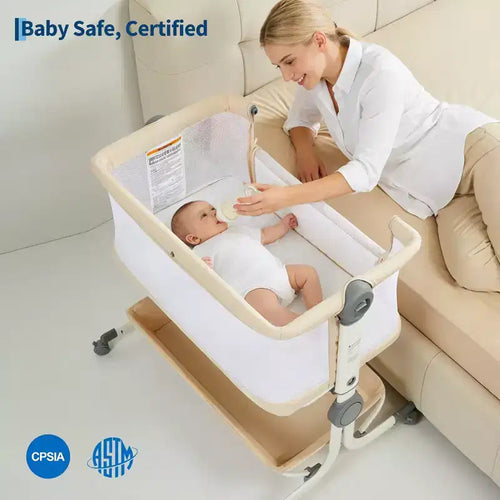 Portable 3-in-1 Baby Bassinet Bedside Sleeper with Wheels, 6-Height Adjustable Infant Travel Crib with Mosquito Net, Mesh Sides & Storage Basket