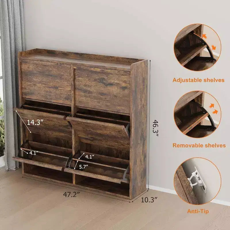 GustoWave Narrow Shoe Cabinet Organizer with 6 Flip Drawers for Entryway, Hallway, Living Room, Brown