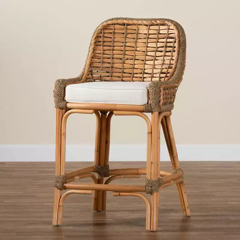 Kyle Woven Rattan Counter Height Barstool with Cushion - bali & pari: Handcrafted, No Assembly Required