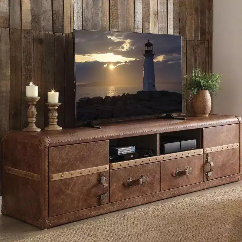 Aberdeen Top Grain Leather TV Stand for TVs up to 80": Media Storage, No Assembly - Acme Furniture