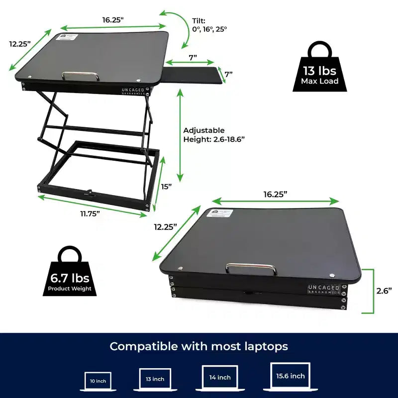 Uncaged Ergonomics Laptop Stand & Standing Desk Black: Ergonomic Adjustable Portable Desk Converter, No Assembly Required